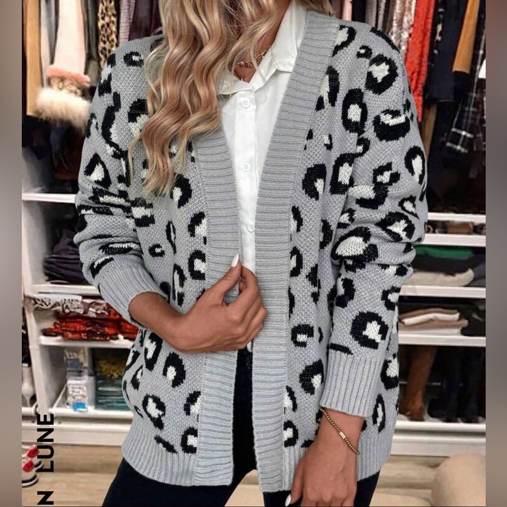 Small women’s open front leopard print cardigan. Gray, Black, White